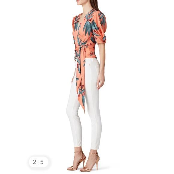 PatBo Heliconia Tropical Wrap Top Orange Size XS Puff Sleeve V-neck Resort L17 - Picture 2 of 10